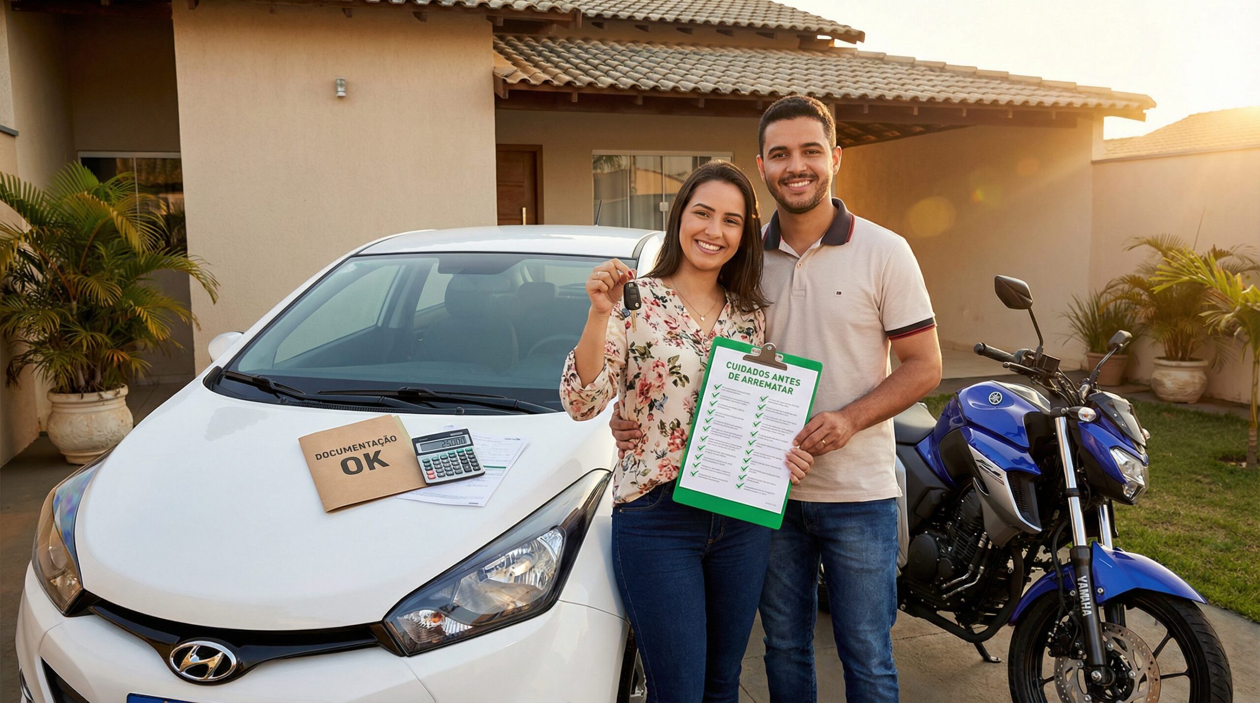 Casal satisfeito ao lado de carro e moto arrematados em leilão segurando checklist de cuidados antes de arrematar