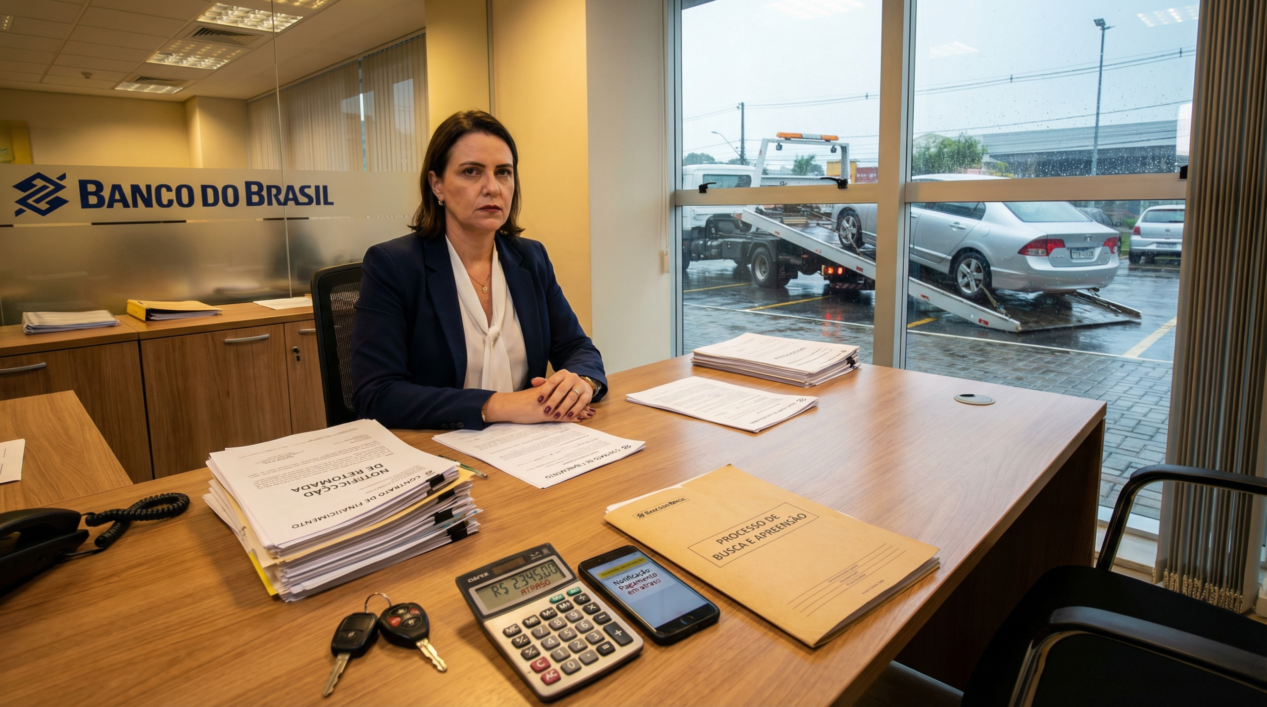 Gerente de banco com documentos de notificação de retomada e contrato de financiamento enquanto guincho carrega veículo