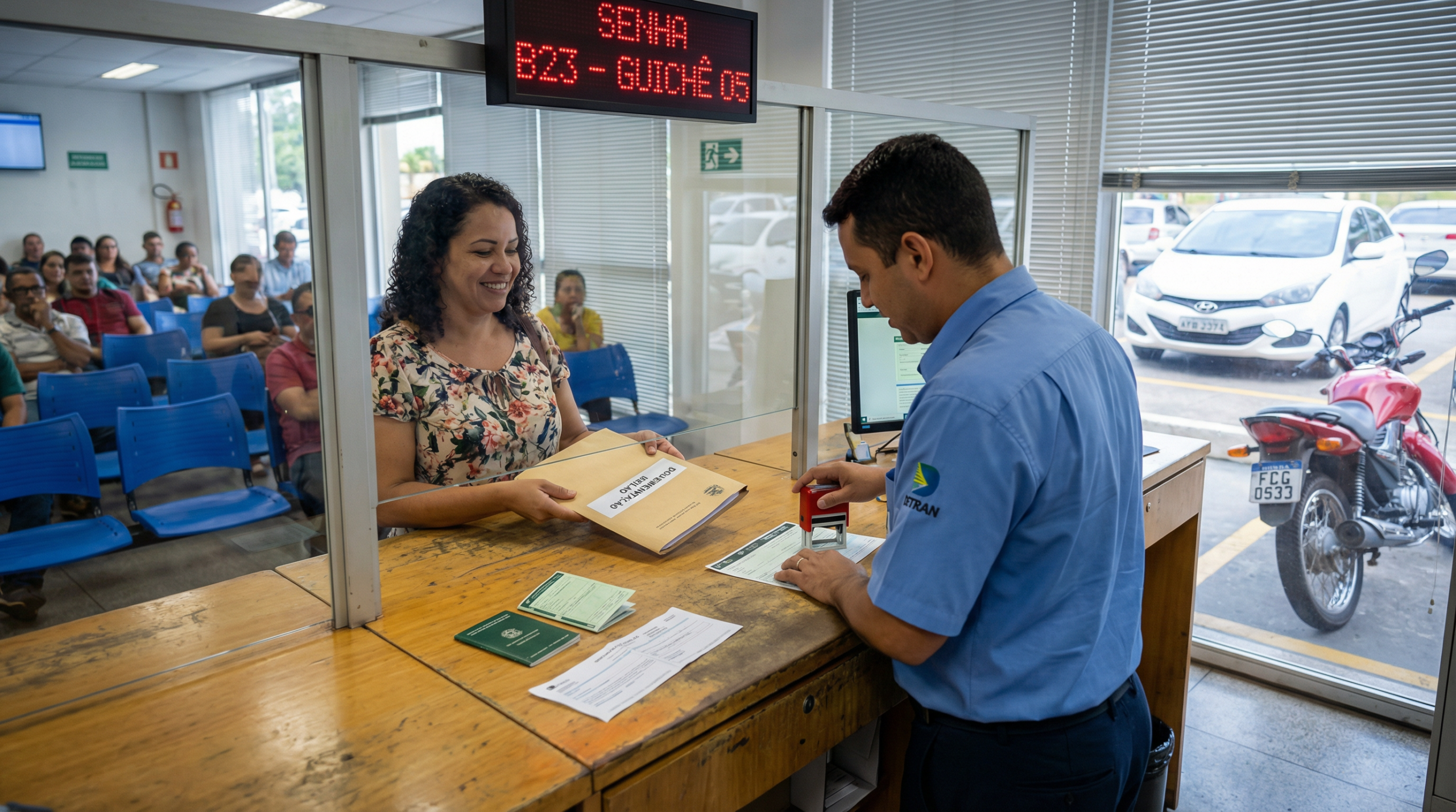 Pessoa no DETRAN realizando transferência e regularização de veículo arrematado em leilão