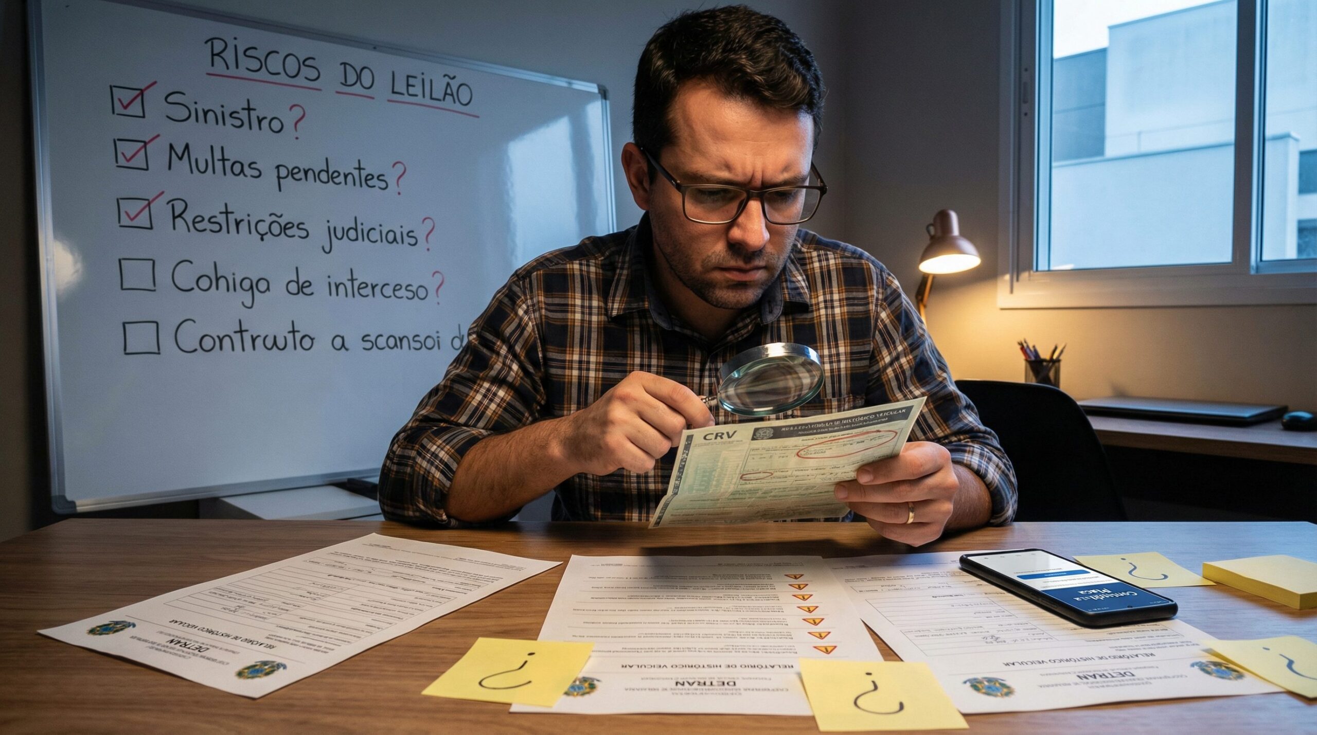 Homem examinando documentos de veículo de leilão com lupa verificando riscos como sinistro multas e restrições