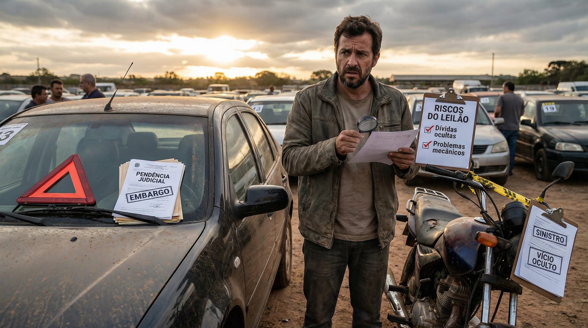 Homem preocupado em pátio de leilão entre carro com pendência judicial e moto com vício oculto segurando checklist de riscos
