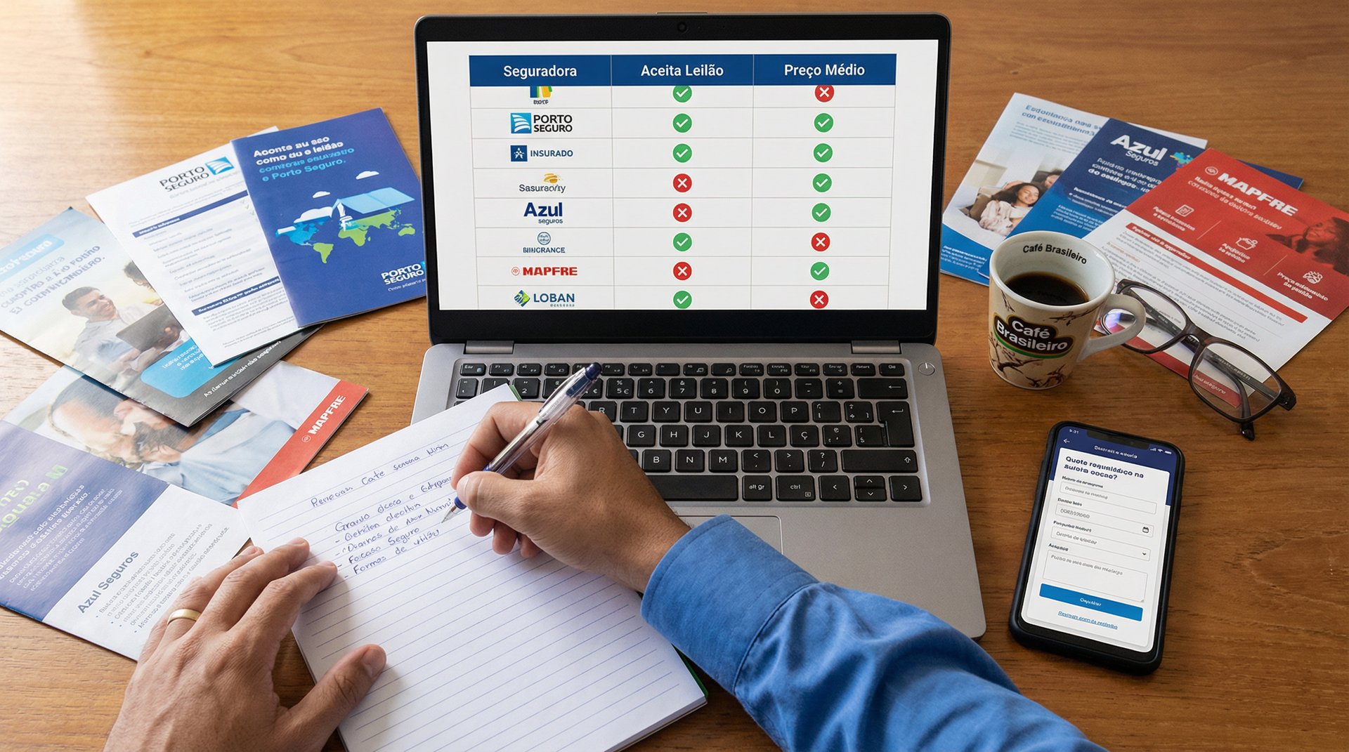 Pessoa pesquisando seguradoras que aceitam veículos de leilão em tabela comparativa no laptop