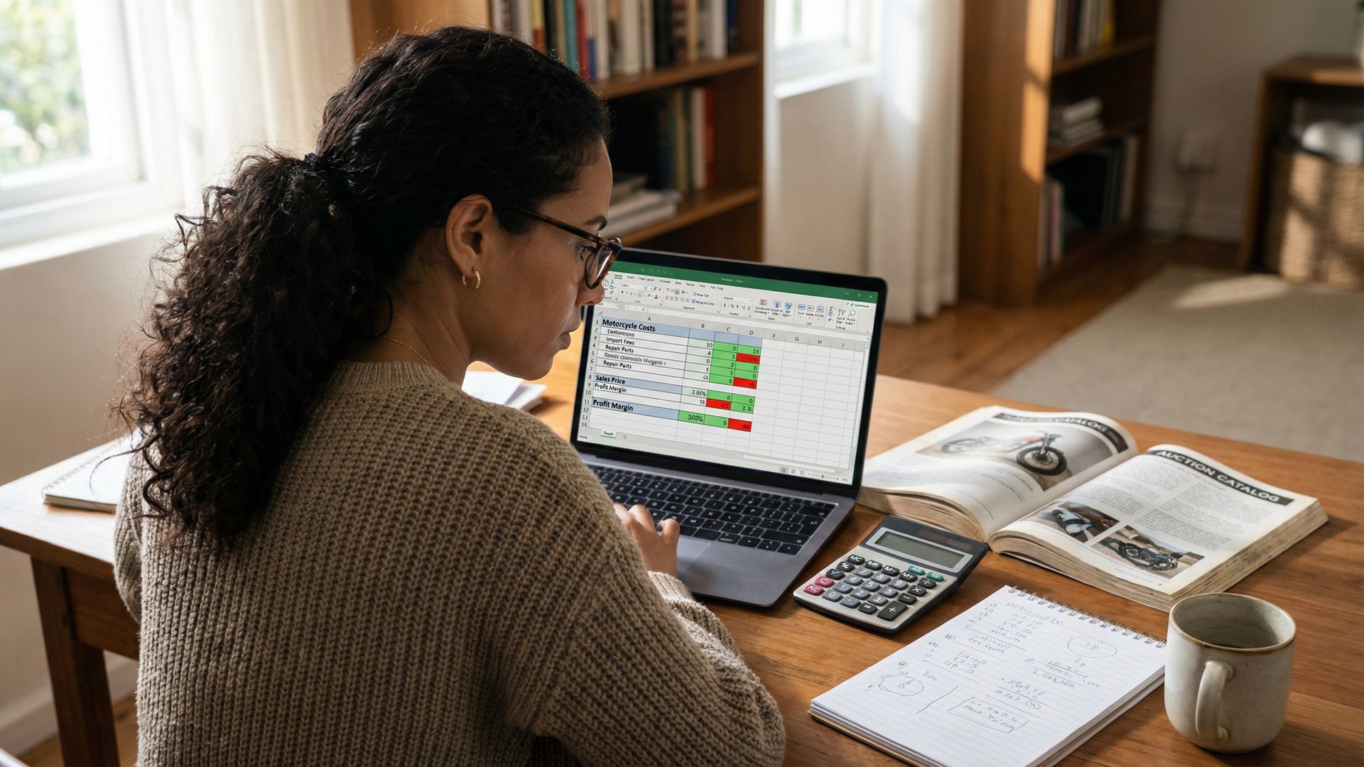 Pessoa com laptop calculando lucro real de revenda de moto de leilão em planilha
