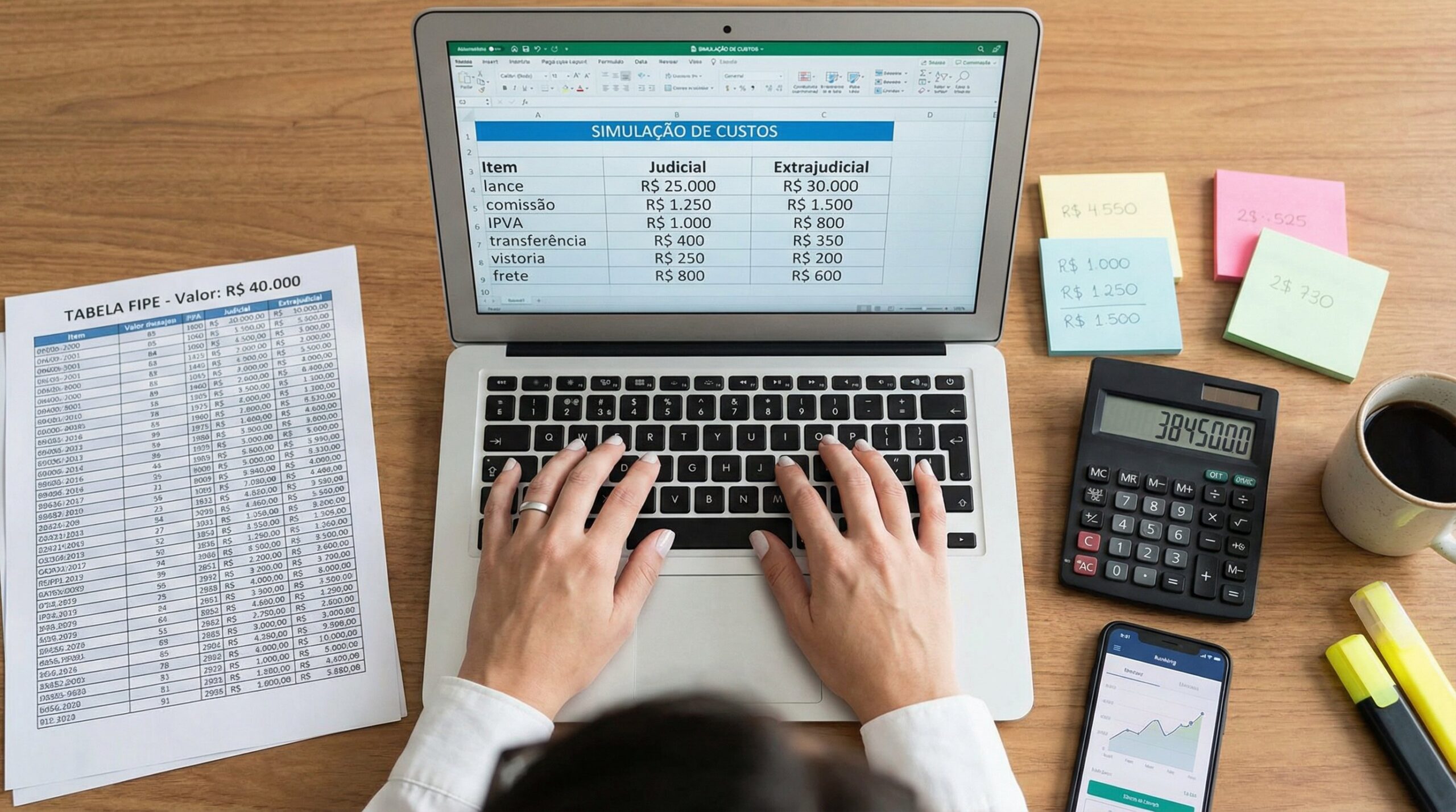 Simulação de custos totais para comprar carro em leilão judicial e extrajudicial