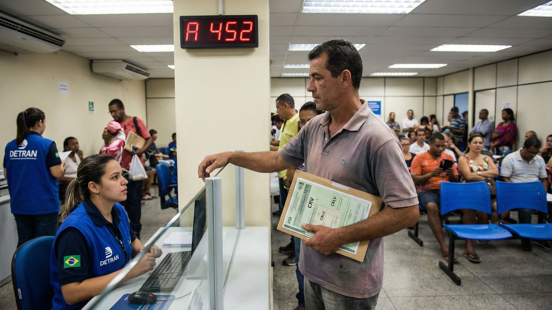 Pessoa em balcão do DETRAN com documentos de transferência de moto de leilão