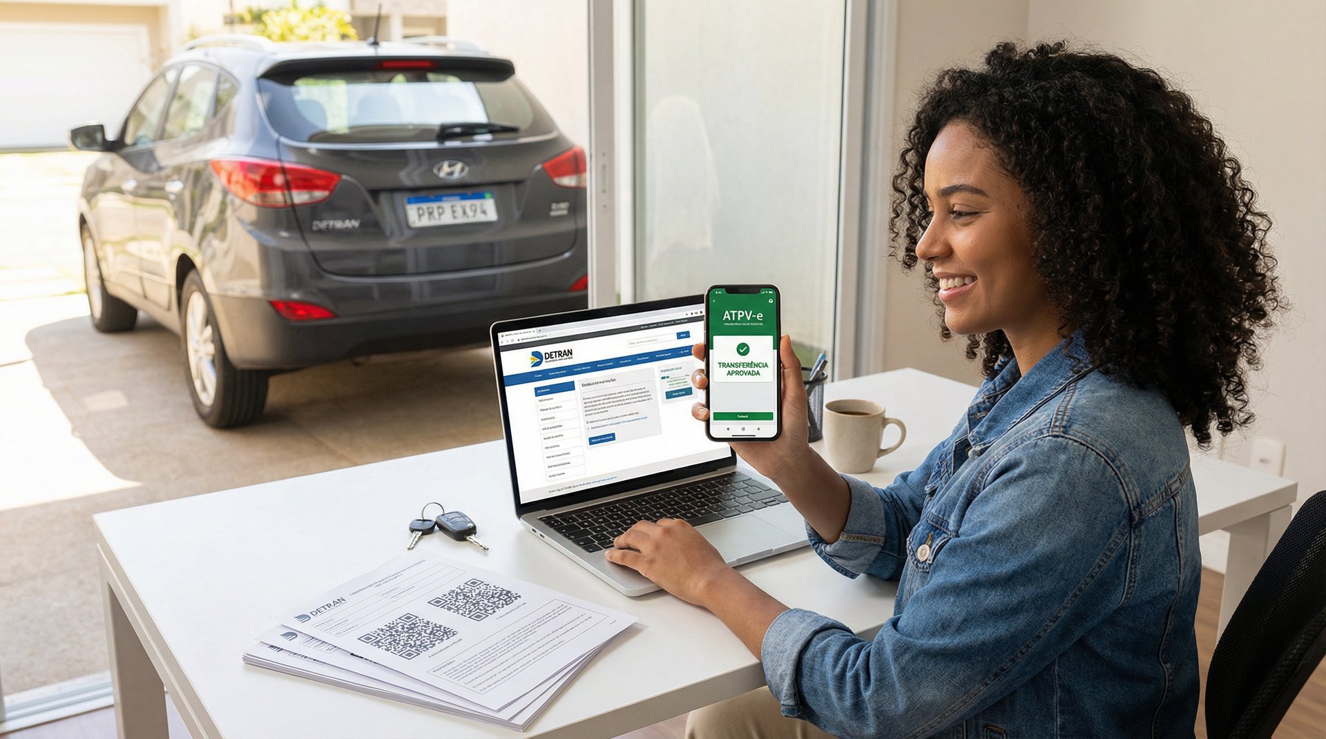 Mulher brasileira usando celular com app ATPV-e mostrando transferência digital aprovada