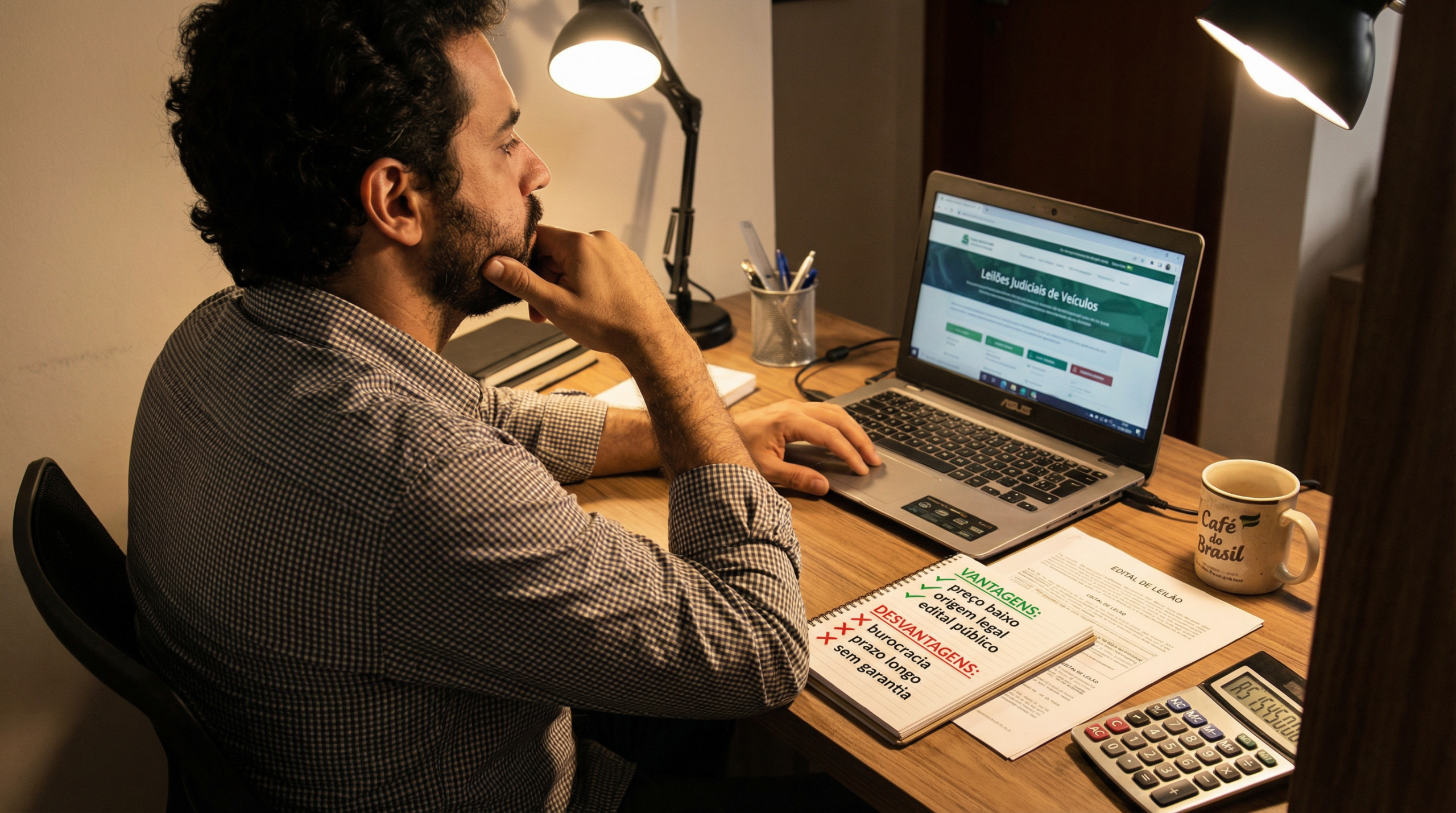 Pessoa analisando vantagens e desvantagens do leilão judicial de veículos no computador