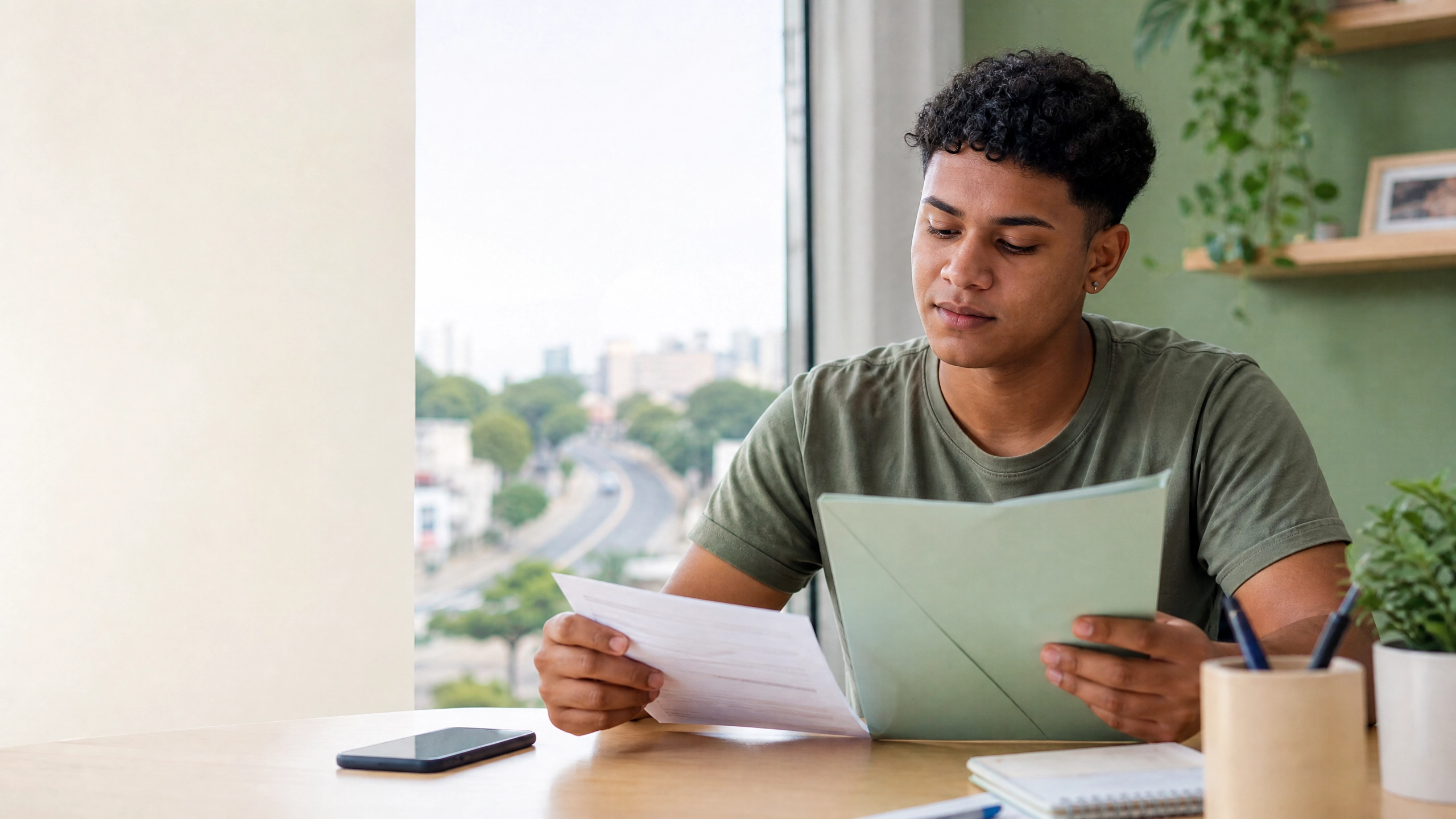 Jovem analisando documentos e informações sobre a CNH Social em uma mesa de estudos