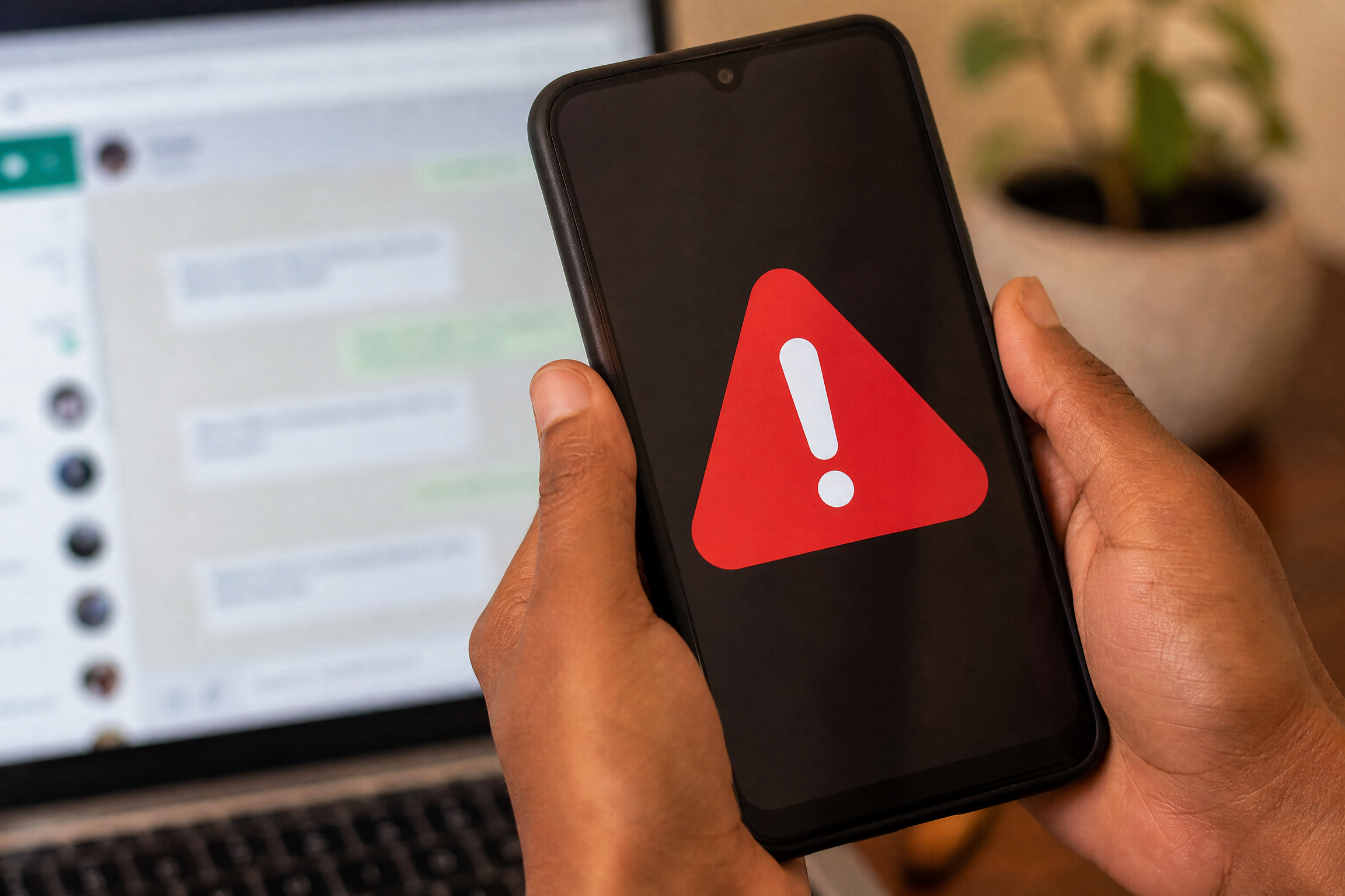 Alerta de golpe no celular com WhatsApp ao fundo