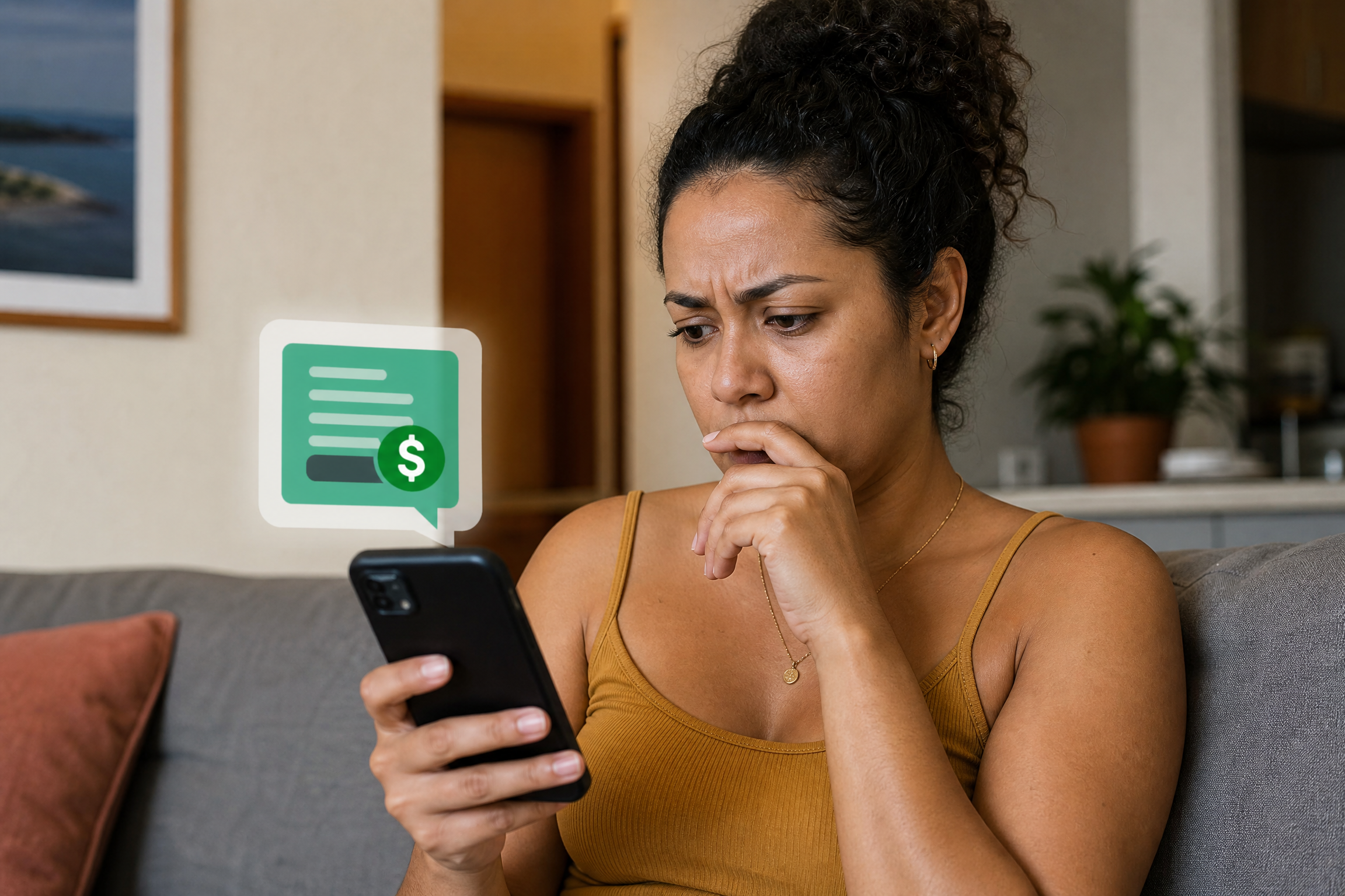 Mulher preocupada olhando mensagem suspeita no celular