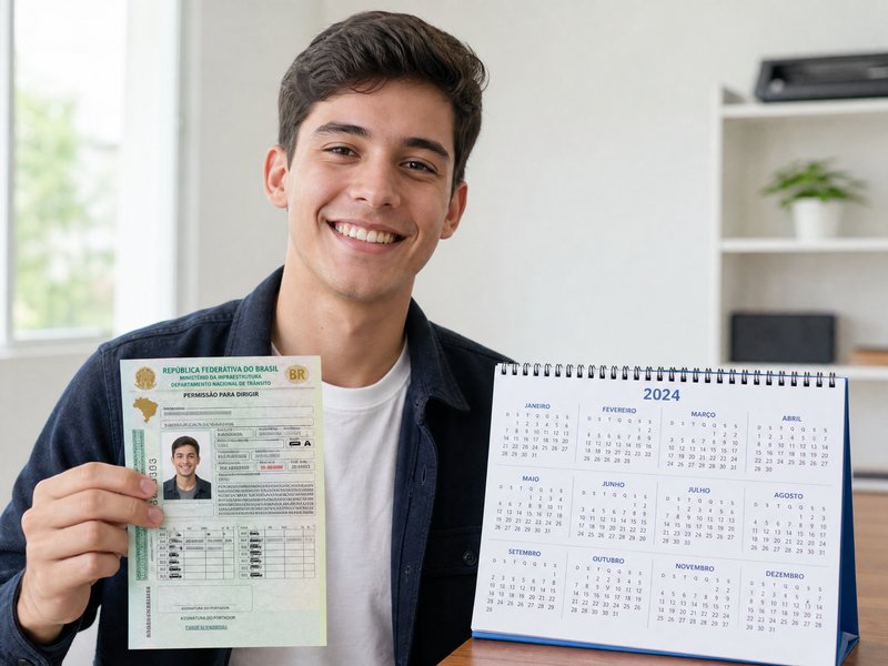 Jovem condutor segurando a Permissão para Dirigir ao lado de um calendário marcando 12 meses