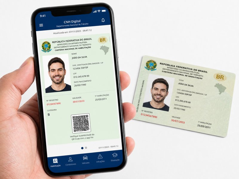 Celular exibindo o aplicativo CNH do Brasil com a versão digital da habilitação